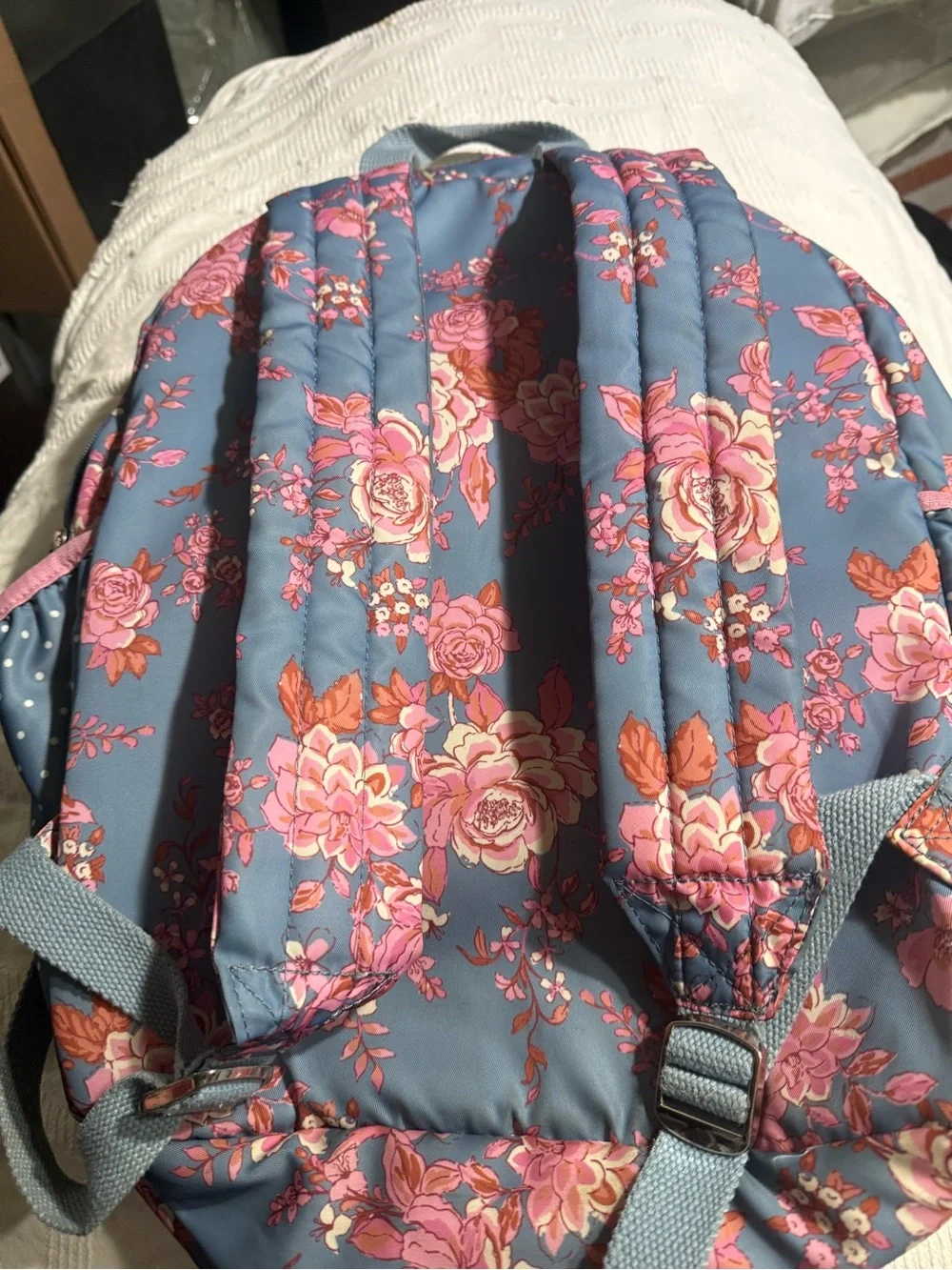 Matilda Jane Blue Floral Backpack with Pink Roses GUC